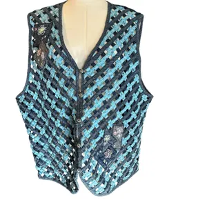 NAPA VALLEY Denim Vest SZ 1X Mixed Media Patches Open Weave Embroidery Western thumbnail 2