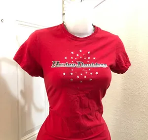 Vintage Red Harley Davidson fitted henley Tshirt tee top shirt blouse rhinestone stars short sleeve Made in USA 2000s #y2k #goth #punk #biker #motorcycle rock thumbnail 2