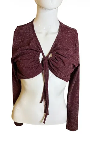 Savage X Fenty Sparkle Tie-Front Crop Top - Burgundy thumbnail 1