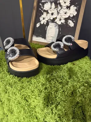 Black Slide Sandals with Crystal Buckle Accents thumbnail 3