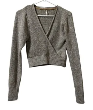FREE PEOPLE‎ FP Going For Gold V Neck Wrap Crop Sweater Long Sleeve Knit Size XS thumbnail 1