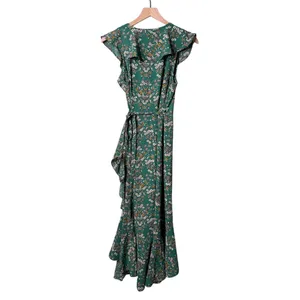 Max Studio Floral Short Ruffle Sleeve Wrap Maxi Dress Green Yellow White Small thumbnail 2