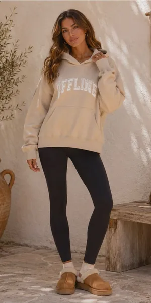 aerie Neutral Beige 'OFFLINE' Hooded Pullover Sweatshirt Size Small thumbnail 1