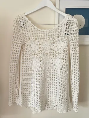 Free People Long Sleeve Filet Crochet Pullover Knit Sweater Tunic Medium thumbnail 1