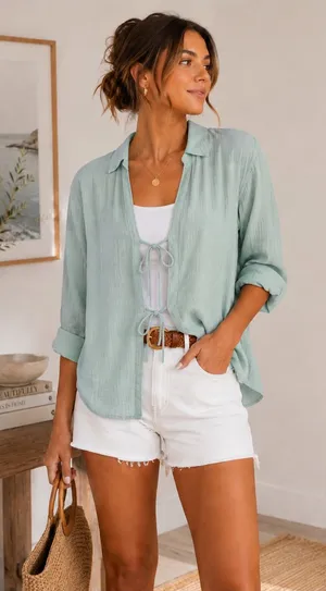 Abercrombie & Fitch NWT Mint Green Cotton Tie Front Gauze Shirt Sz L thumbnail 1
