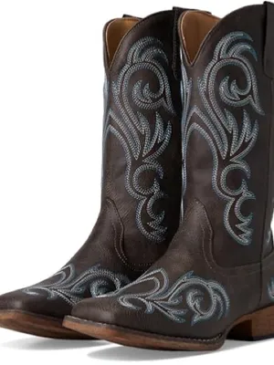 Brown Leather Western Boots with Blue Embroidery thumbnail 2