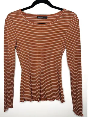 Mikarose Women's XS Rust Striped Ribbed Long Sleeve Top‎ Minimalist Earth Tones thumbnail 1