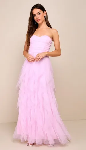 Lulus Delightful Beauty Pink Mesh Strapless Ruched Ruffled Maxi Dress XL NWT thumbnail 1