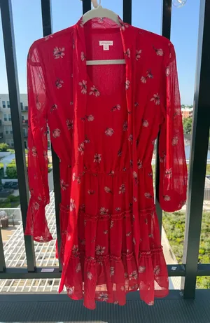 Xhilaration Red Floral V-Neck Mini Dress thumbnail 1