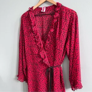 Natori Robe & Nightgown Set Red and Black Leopard Spots Ruffle Size Medium Large thumbnail 6