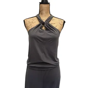 DKNY‎ Gray Keyhole Halter Neck Jumpsuit Tapered Leg Blouson Fit Size Small thumbnail 2