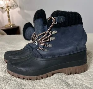 J. Crew Navy and Black Winter Rain Boots with Brown Outsole thumbnail 1