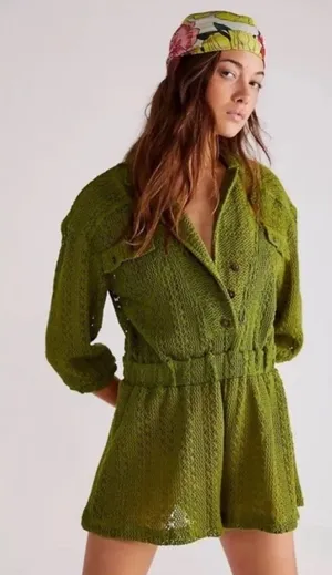 Free People Olive Green Knit Romper with Button Front sz S thumbnail 1