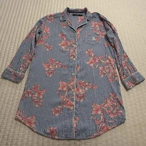 Lauren Ralph Lauren Floral & Stripe Blue Pajama Sleep Shirt Button Up M Medium thumbnail 1