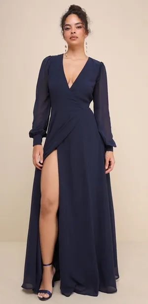 Lulus My Whole Heart Dark Navy Blue Long Sleeve Wrap Dress Chiffon Medium NWT thumbnail 1