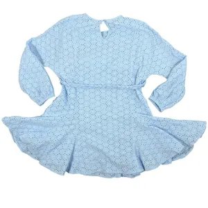 GB Eyelet Lace Mini Dress Womens L Light Blue Braided Tie Waist Long Sleeve Boho thumbnail 10