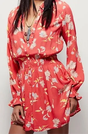 Free People‎ Ruthie Coral Floral Print Button Front Mini Shirt Dress flowy Large thumbnail 1