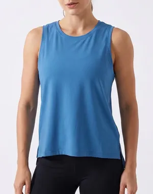 Tank Top Womens Blue Side Slit High Low Hem Crew Neck Running Yoga Activewear thumbnail 1