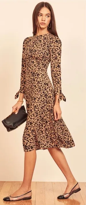 Reformation Port Midi Long Sleeve Dress in Leopard Print Size 6 thumbnail 1