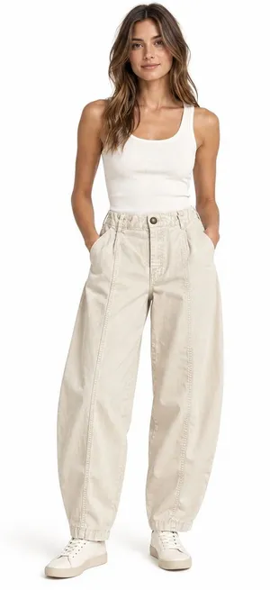 Zara Cream Pleated Barrel Leg Trousers Cotton Blend Size M thumbnail 1