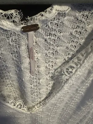 Free People Dream Girl pointelle white Large sweater full sleeve lace neck $135 thumbnail 4