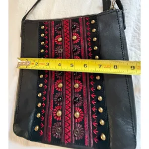 Lucky Brand Leather Crossbody Purse Black Red Embroidered Boho Tassel EUC thumbnail 9