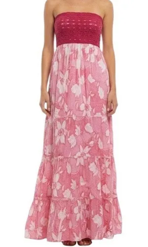 Chaudry Smocked Strapless Floral Maxi Dress in Pink thumbnail 1