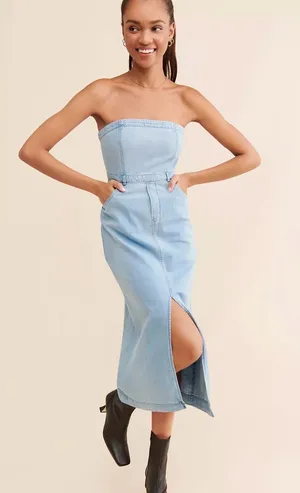 Free People Denim Midi Dress Size 8 Blue Strapless Cotton Front Slit Pockets thumbnail 1