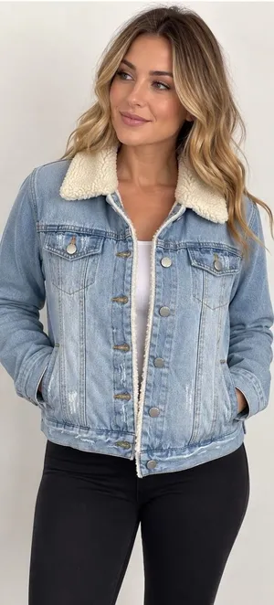 Ashley Vintage Charm Women’s L Sherpa Lined Distressed Denim Trucker Jacket thumbnail 1