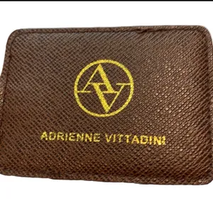 Adrienne Vittadini Brown luggage tag ID holder brown leather gold tone Logo thumbnail 5