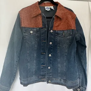 Women’s vintage jean jacket with embossed leather shoulder thumbnail 1