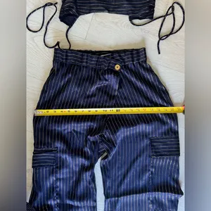 Lucy in the Sky, Navy Blue,Gold Striped Wide Leg Pants Two piece Set Sz S thumbnail 9