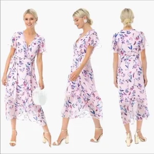 Tanya Taylor Blaire Pink Floral Silk Ruffle MIDI Dress Faux Wrap Flowers v6x thumbnail 3