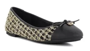 Dune London Hallo Ballet Flats 8 Black Gold Tweed Metallic Bow Logo Charm thumbnail 1
