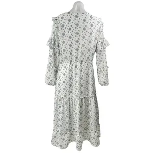 Sharon Max White Floral Long Sleeve Ruffle Tie Neck Tiered A Line Midi Dress M thumbnail 3
