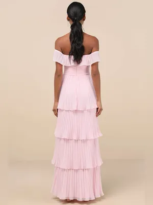 NEW Lulu’s Always Remarkable Pleated Tiered Off Shoulder Maxi Dress in Pink thumbnail 2