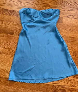 Hello Molly Strapless Satin Mini Dress in Teal thumbnail 1