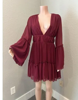 MISS ORD CUTE Ruffle Pintuck Dres Sz L WINE Maroon Romantic Cottagecore NWT #125 thumbnail 5