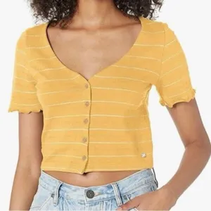Roxy Uncomplicated Mind Button Front Stripe Tee Ochre Beachy Yarn, Small, NWT thumbnail 1