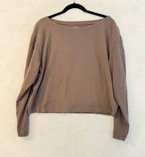 GAP Women Medium Brown Organic Cotton Boat Neck Long Sleeve Relaxed Cropped Top thumbnail 1