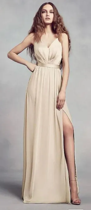 White by Vera Wang Cream Chiffon V Neck Cross Back Full Length Gown Size 4 thumbnail 1