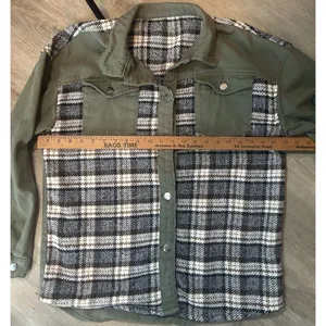 Womens Coats Size Large Cufflink Cotton Denim Plaid Shirt Jacket Army Green thumbnail 4