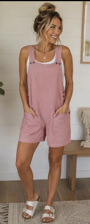 Marsh Landing Red White Pinstripe Overall Shortalls Romper w/ Pockets‎ Large thumbnail 1