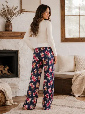 Navy Floral Wide Leg Lounge Pants Drawstring Waist NWT thumbnail 4