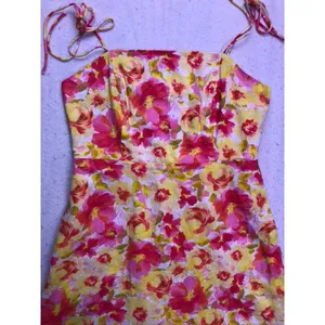 Old Navy‎ Floral Mini Dress Womens Small Pink Yellow Linen Tie Shoulder Smocked thumbnail 4
