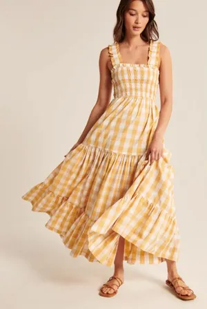 Abercrombie & Fitch Plaid Maxi Dress Yellow White Picnic Long Ruffle Small thumbnail 1