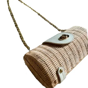 Vintage Woven Wicker Handbag Made In British Hong Kong w/ Leather Trim & Handles thumbnail 3