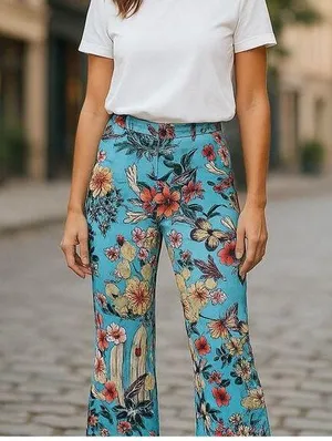 NWT ~ Blue Vintage Look Groovy 70's Polyester Floral Birds Flare Leg Pants ~ L thumbnail 1