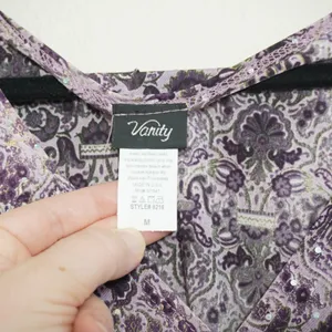 Vanity 90s‎ Y2K Club Purple Damask Sequin Babydoll Top Sleeveless Empire Waist thumbnail 4