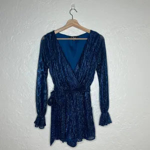 Lulus Women's Wow Factor Blue Metallic Surplice‎ Romper Long Sleeve Size Medium thumbnail 2